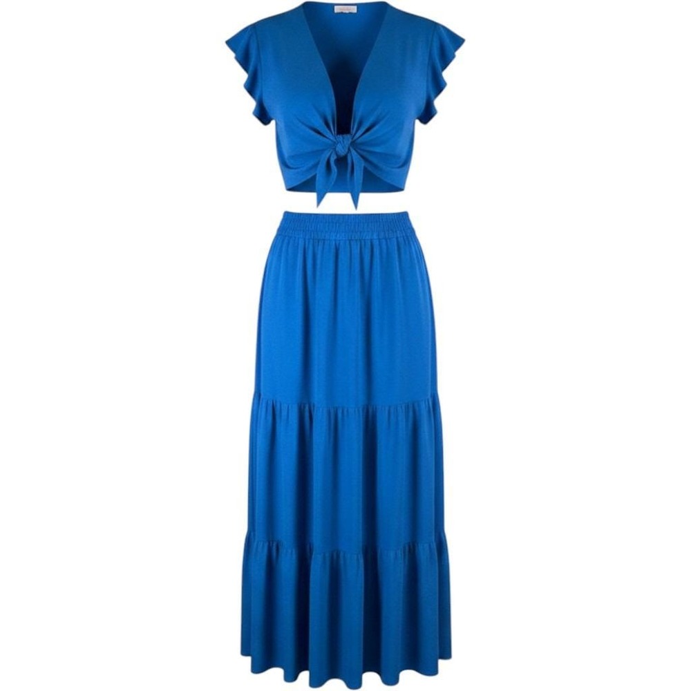Pink Lily Skirt Set Womens Large Blue Tiered Maxi Skirt Tie Front Crop Top 2pc